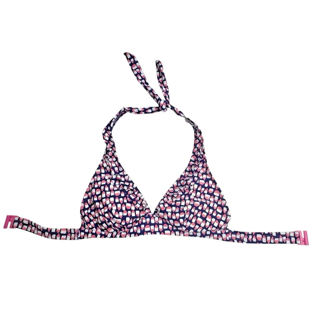 Boden Ruffle Halter Bikini Swim Top Pink Navy Geo Print US 6 Resort Beach